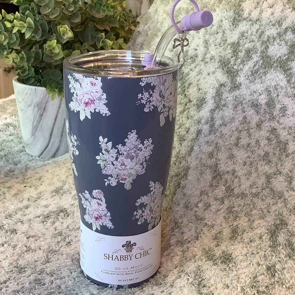 Shabby Chic Grey Floral Tumbler with Lavender Bow Straw Accent NWT 30oz
